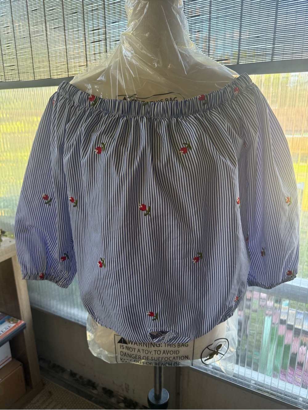 Striped Off-Shoulder Embroidered Peasant Blouse - Blue